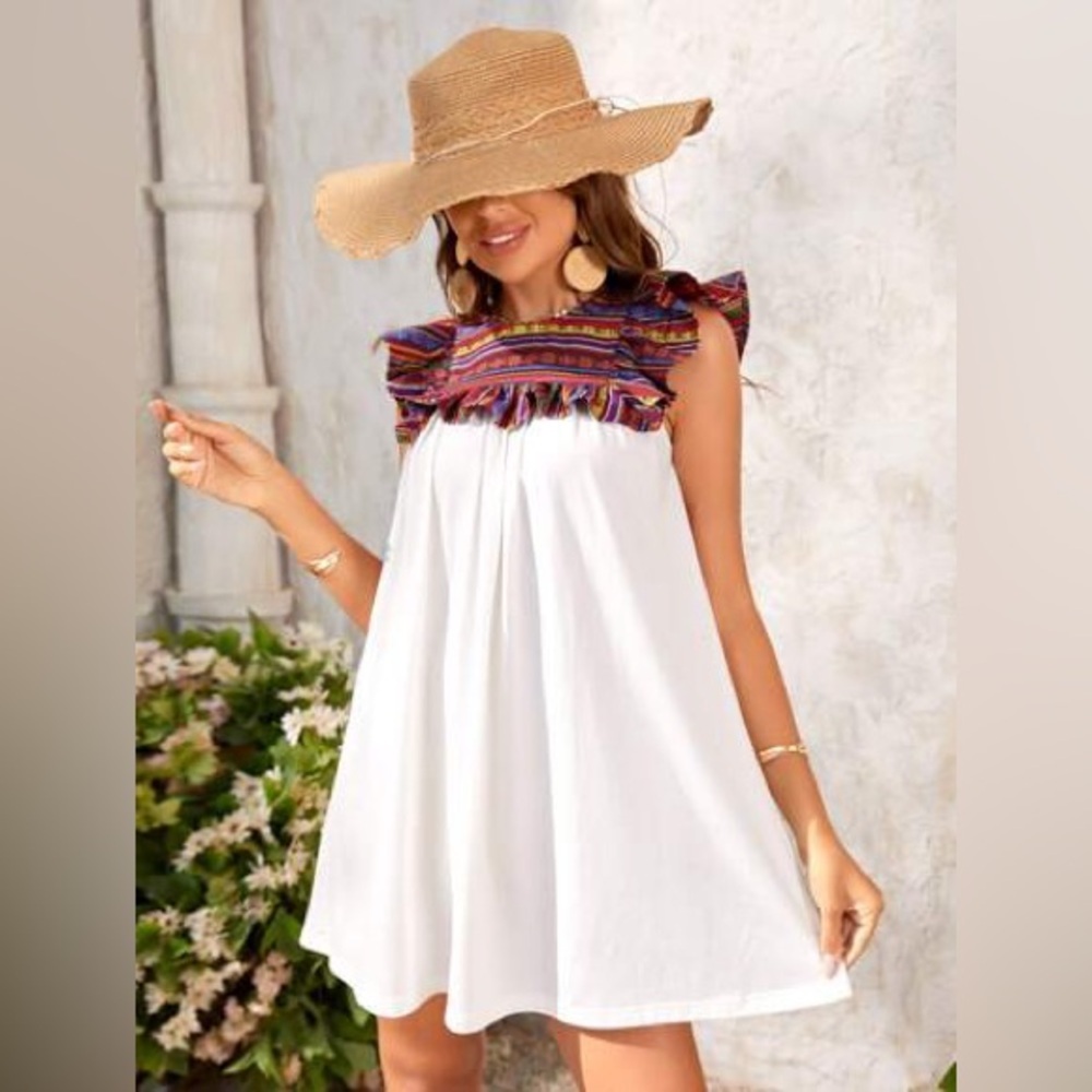 Boho Embroidered Ruffle Sleeve Mini Dress